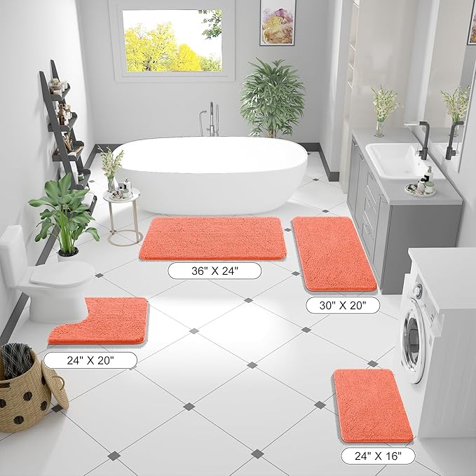 OLANLY Bathroom Rugs 30x20, Extra Soft Absorbent Chenille Bath Rugs, Rubber Backing Quick Dry, Machine Washable Bath Mats for Bathroom Floor, Tub and Shower, Home Decor Accessories, Coral
