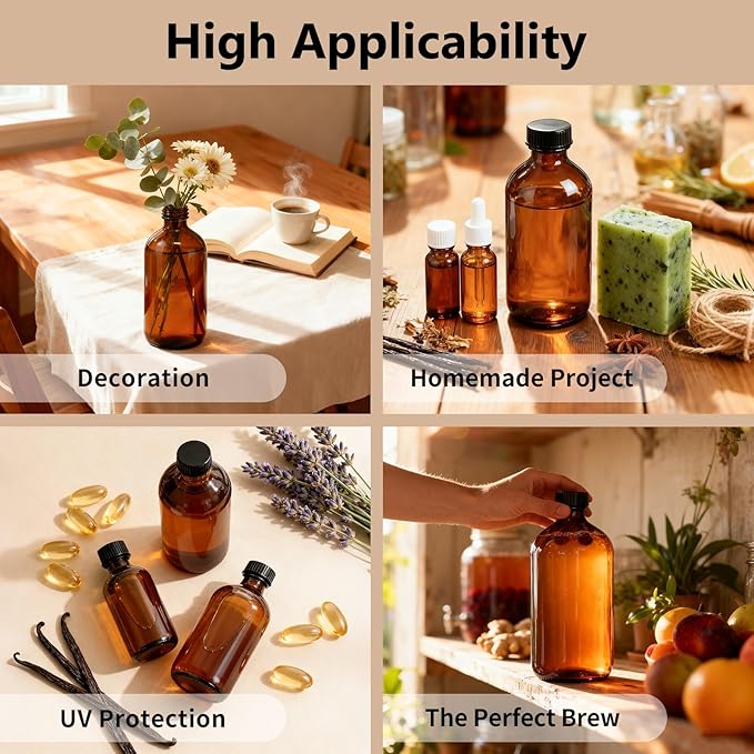 4 Pack 32 oz Amber Glass Boston Round Bottles with Phenolic Polycone Caps – Airtight, Leak-Proof Brown Bottles for Kombucha Brewing, Essential Oils, Storing Condiments, and Homemade Solutions