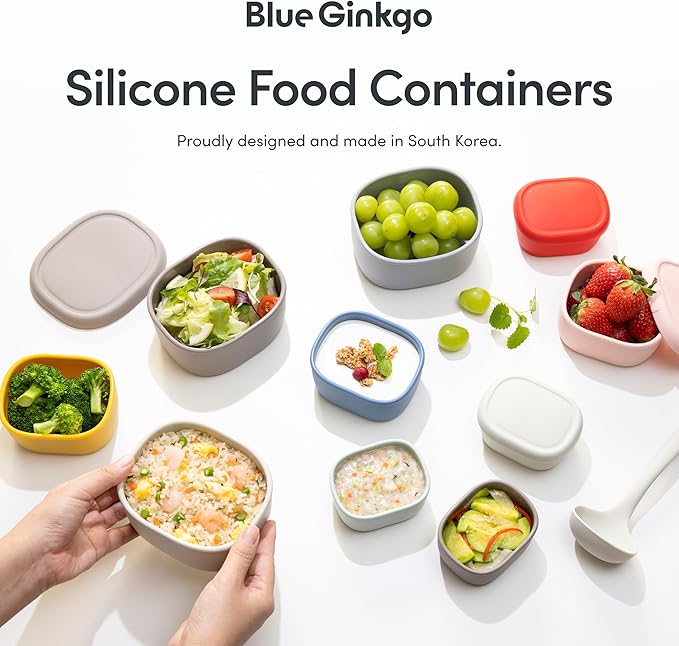 BLUE GINKGO Nesting Silicone Containers - Large Silicone Food Storage Container | BPA Free, Airtight, Dishwasher and Freezer Safe (47.5 oz) - Blue