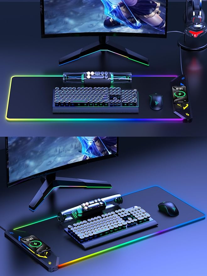 TopMade Wireless Charging Mouse Pad, RGB Gaming Mousepad, 35.4" x 15.8" Extra Large Waterproof Keyboard Desk Pad, Cool Computer Desk Mat, Black (Includes 20W PD Power Adapter & 6.56ft Woven Cable)
