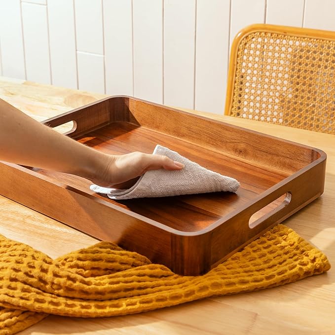 Acacia Wooden Serving Trays with Handles for Eating, Appetizers, Food, Snacks, or Home Decor, Large Wood Bed Tray or TV Tray, Decorative Ottoman or Coffee Table Accessory, 17x13 inch, Set of 2