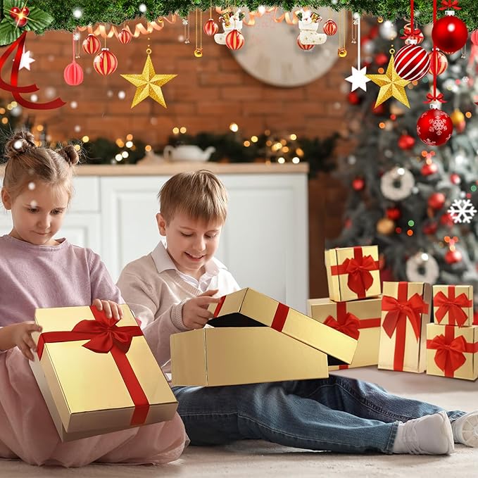 Tenceur 10 Pcs Gift Boxes with Lids Heavy Duty Nested Assorted Sizes Cardboard Gift Boxes for Presents with Ribbon for Xmas Holiday Present(Gold, Red,5 Size)