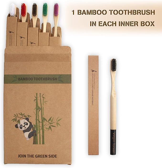 Virgin Forest 6 Pcs Biodegradable Bamboo Toothbrushes, Natural Eco-Friendly BPA-Free Toothbrushes, Best Travel Wood Toothbrush Set for Sensitive Gums