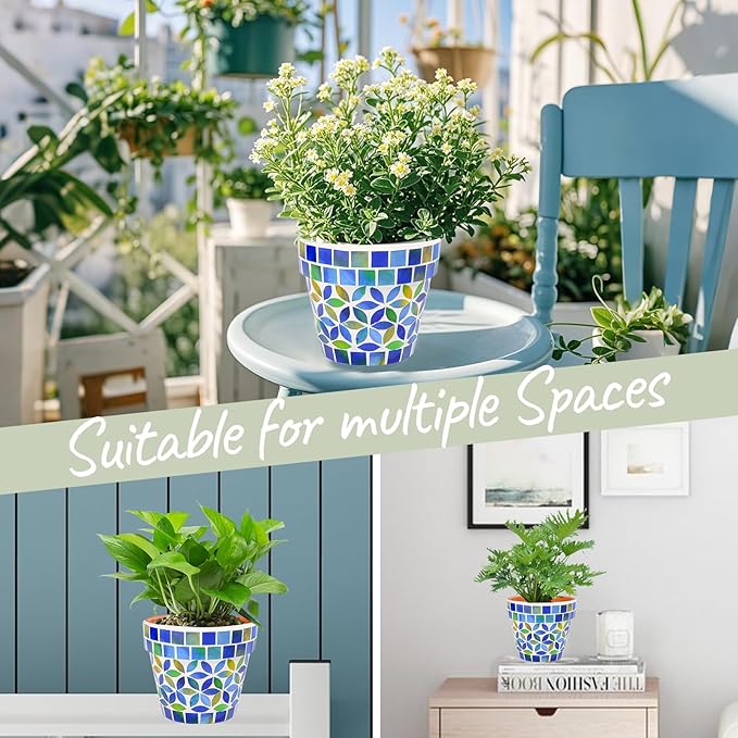 Small Mosaic Plant Pot Flower Pots Ceramic Planter with Drainage Hole Small Ceramic Pot for Indoor Outdoor Plants Succulent Pots Blue with Flower Design