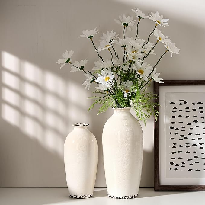 Ceramic Vases for Home Decor, Ice Crackle Aged White Vintage Ceramic Vase Set of 2, Minimalist Decorative Vase for Table Centerpiece Dining Living Room Office Nightstand Fireplace Decoration
