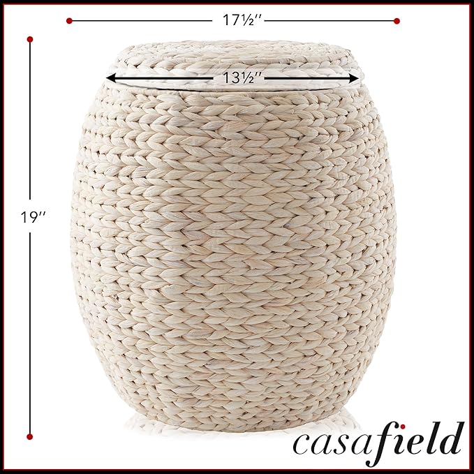 Casafield Round Storage Basket with Lid - Whitewash, Handwoven Water Hyacinth Organizer for Laundry, Blankets, Plants, Bedroom, Living Room, Home Office