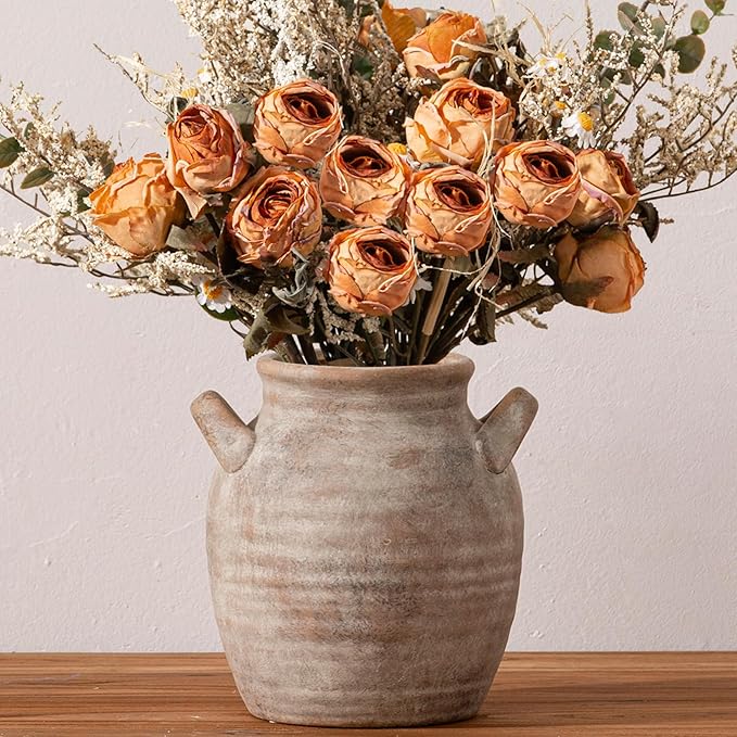 Ceramic Flower Vase Home Decor - Farmhouse Table Vases with Handle Living Room Decoration Vintage Decorative Aesthetic for Shelf Coffee Dining Desk House Bookshelf Fireplace (7.1" Retro)