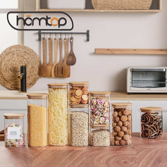 Glass Jars with Bamboo Lids 3 Pack, 61 Oz Airtight Square Storage Container, Clear Kitchen Canisters for Soild food, Nuts/Cookies/Sugar/Pasta