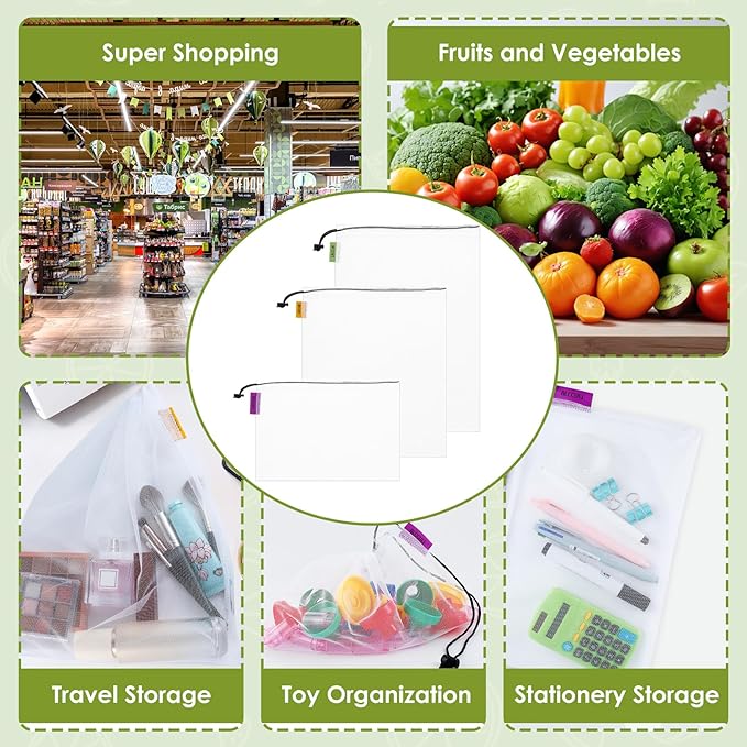 Blcculi 12 Pack Reusable Produce Bags,Mesh Produce Bags,Washable Mesh Grocery Bag with Drawstring &Colorful Tare Weight Tags,See-Through Vegetable Storage Bag for Grocery Shopping,Fruits,3 Sizes