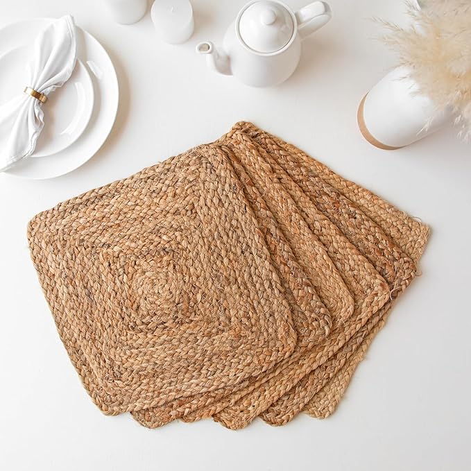 Craft Trade Set of 6 Hand Braided Jute Placemats Fiber Rustic Vintage Farmhouse Dining Table Mat for Parties Birthday BBQ 13x13 Inch Natural
