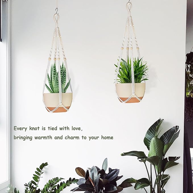 35 Inch Macrame Plant Hanger Indoor Outdoor Fits 4 to 15 inch pots Hanging Planter Basket with Wood Beads and No Tassels,Boho Home Decor,Ivory,Set of 2 (Pots Not Included)