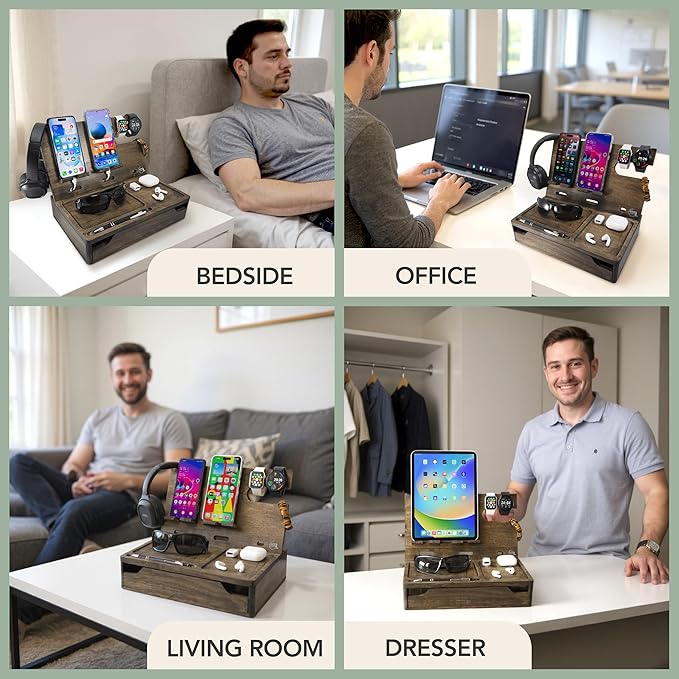 Nightstand Organizer with Drawer- Wood Phone Docking Station- Desk Organizer for Two Phones or Tablet, Watches, Headphone & Accessories- Unique Gifts for Men, Dad or Son (Rustic Gray)