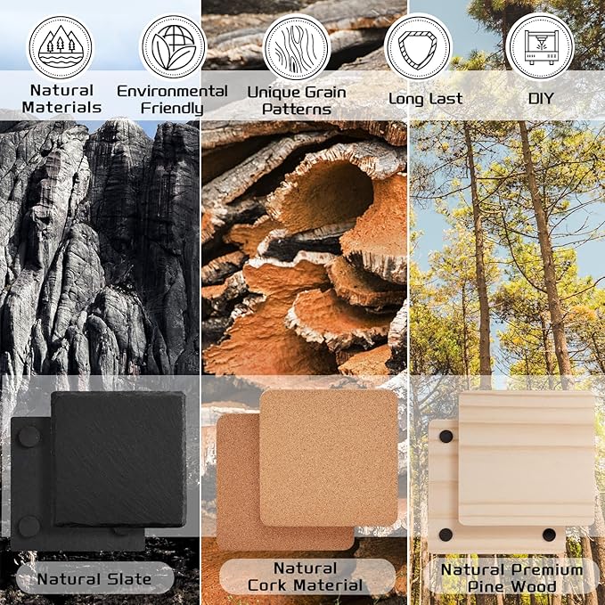 89 PCS Square Blank Coasters Bulk for Laser Engraving, MAPRIAL 4 Inch 100% Natural Black Slate Stone, Wood, Cork, Engravable Materials for Engraver, Gifts, Crafts, Wedding