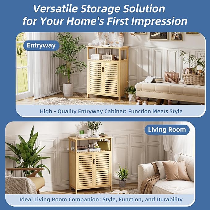 HITNET Bathroom Cabinet Freestanding, Bamboo Storage Cabinet 4-Tier Floor Cupboard with Door and Shelf for Bathroom, Kitchen, Hallway, Natural