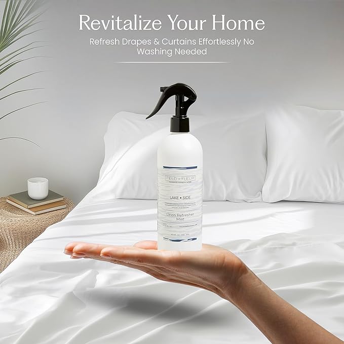 FIELD FLEUR Lake Side Linen & Room Spray 15.5 oz - Aromatic & Refreshing Bedding & Fabric Mist – Air Freshener for Clothes & Sofas - Notes of Amber, Citrus, Coconut, Musk & Sandalwood - Made in USA