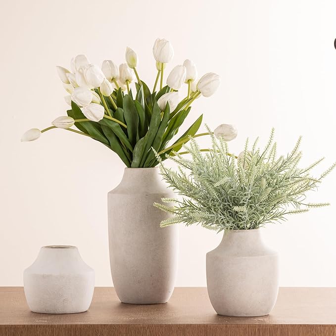 Mitt&Ditt Ceramic Flower Vase, 7.5 inch Off-White Farmhouse Rustic Vase, Handcrafted Weathered Pottery Vases, Small Flower Terracotta Vases for Home Decor, Living Room, Table, Shelf