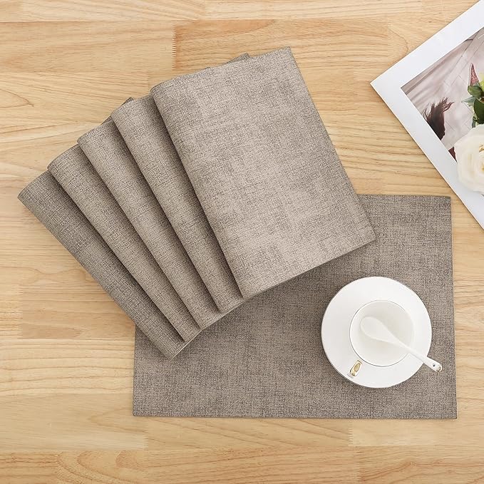 Homaxy Faux Leather Heat Resistant Placemats for Dining Table Set of 12, Waterproof Wipeable Washable PU Table Mats, Easy to Clean Anti-Slip Place Mats, 11.8" x 17", Light Brown