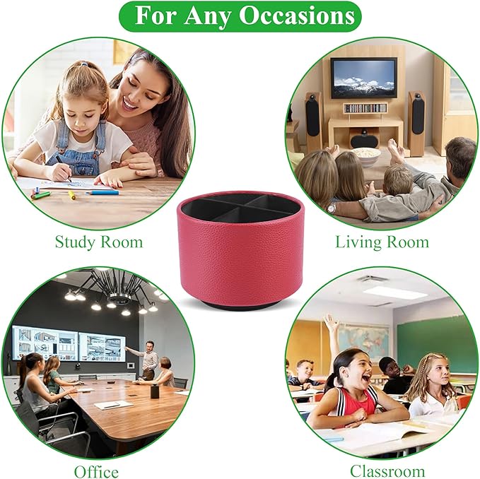 Hennaja Round Leather Art Supply Organizer,Remote Control Holder,360 Degree Spinning,Multi-Functional Pencil Holder,4 Compartments Desktop Stationary Organizer(1-Lichee Red)