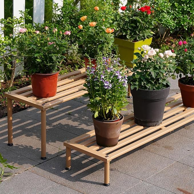 Metal Plant Stand, Rust-proof Aluminum Display Rack, Plants Display Stands Decoration Racks for Living Room Garden Balcony Patio (Wood Color, 42.5Inch Low Leg)