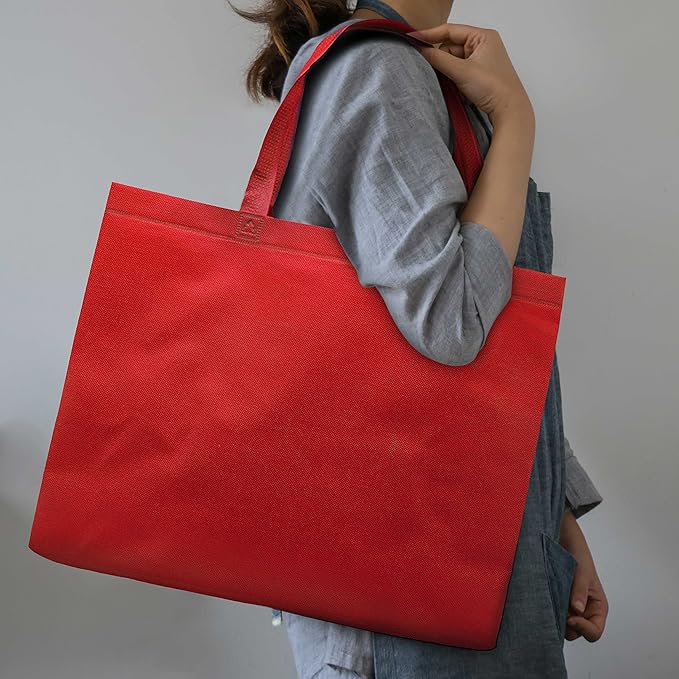 DISCOUNT PROMOS Jumbo Sized Tote Bags Set of 10, Bulk Pack - Reusable Grocery Bags, Shopping Bags, Promotional Item Totes for Women - Red