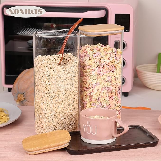 63oz 3PCS Rectangle Glass Storage Containers with Bamboo Lids, Glass Jars with Lids, Clear Food Jar, Square Canister, Pantry Organizers and Storage for Flour, Pasta, Coffee, Tea, Snack, Cookie