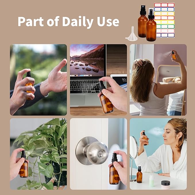 24 Pack Amber Glass Spray Bottles 2 oz Small Empty Fine Mist Spray Bottle with Funnel and Label for Travel, Essential Oils