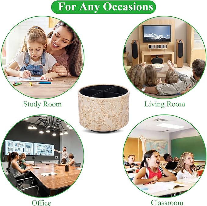 Hennaja Round Leather Art Supply Organizer,Remote Control Holder,360 Degree Spinning,Multi-Functional Pencil Holder,4 Compartments Desktop Stationary Organizer(1-Carved Light Brown)