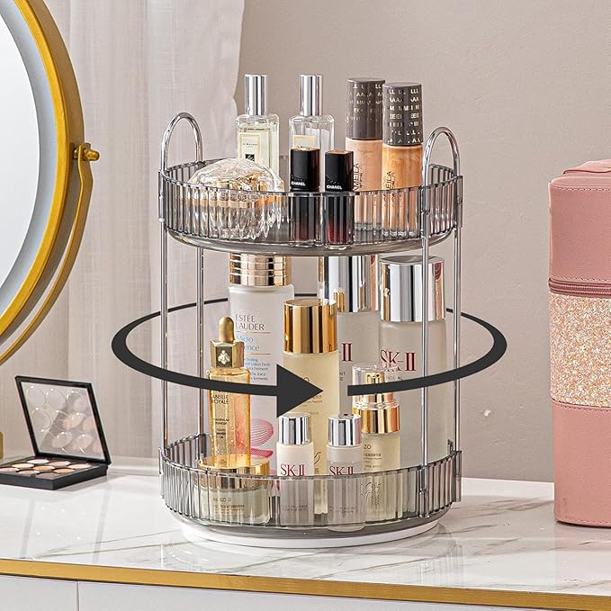360° Rotating Makeup Organizer – 2-Tier Spinning Cosmetic Holder for Vanity, Countertop, Bathroom & Dresser – Perfume, Skincare & Cosmetic Care Organizer (Clear Grey, 2 Tier)
