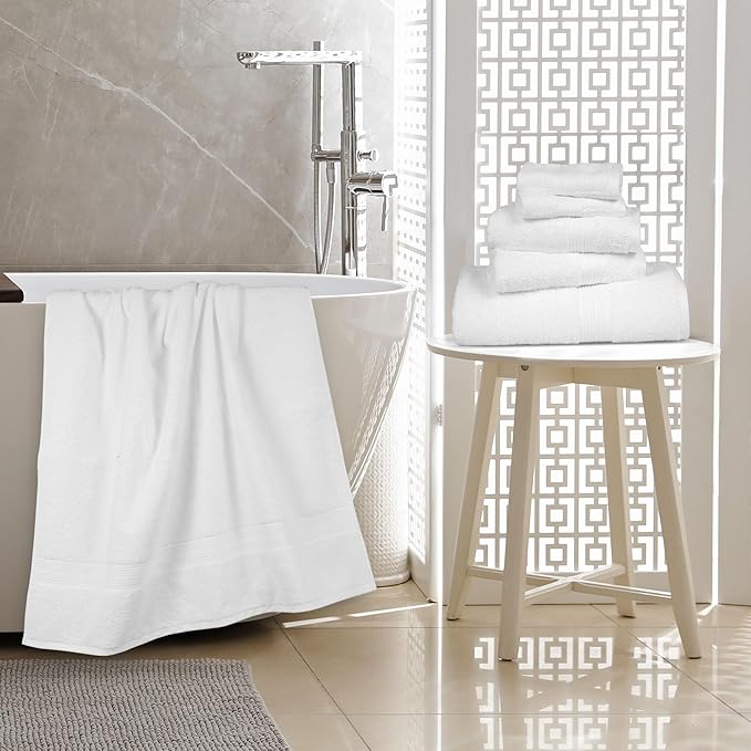 Amazon Basics 6 Piece Oversized Fade resistant Towel set, 100% Cotton towels for bathroom, soft and absorbent, 2 Bath Towels, 2 Hand Towels and 2 Washcloths bathroom towel set, White