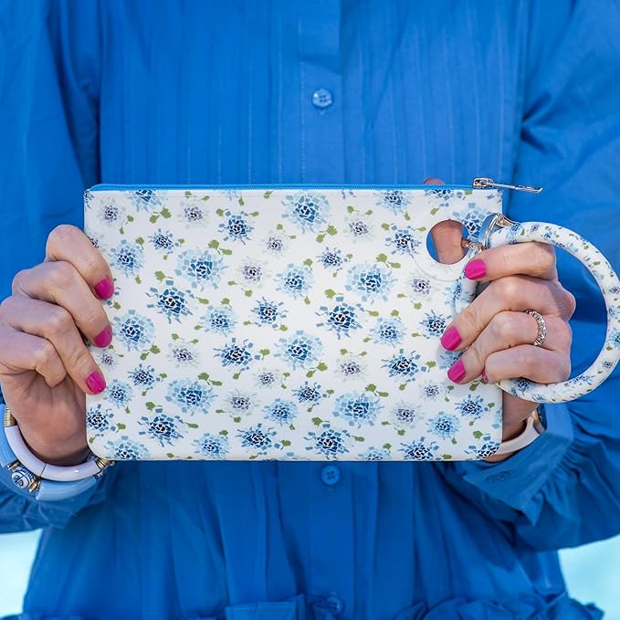 Oventure Large Silicone Pouch - Fifty States Blue Floral Print | Waterproof Zipper Bag & Holiday Gift for Women, Makeup & Travel