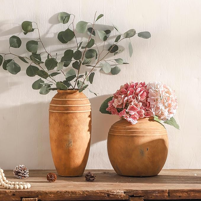 Large Ceramic Flower Vase, 12.87 inch Terracotta Vase, Rustic Farmhouse Vintage Vases for Home Decor, Living Room Shelf Decor, Enterway, Table Decoration