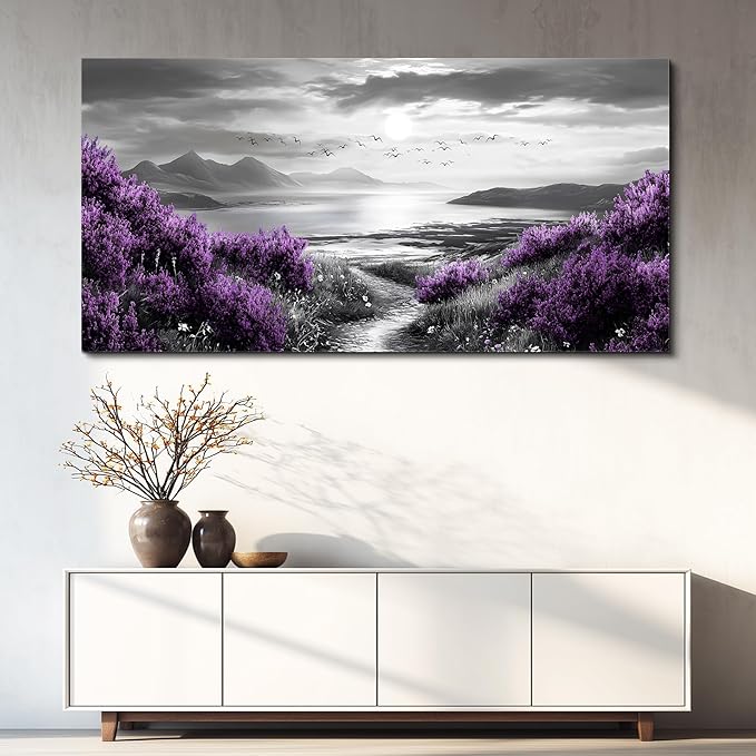 Canvas Wall Art for Living Room Large Wall Decor for Bedroom Modern Office Wall Decoration Purple Flowers Landscape Paintings Black and White Scenery Pictures Artwork Aesthetic Home Decor