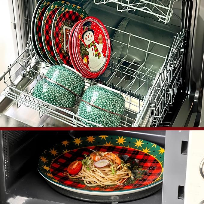 Stoneware Pasta and Bowls Set, Christmas Dinnerware sets,12 Piece for Dish set for Holiday Gatherings,Microwave and Dishwasher Safe