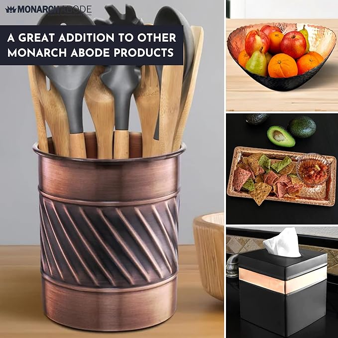 Monarch Abode Handcrafted Wave Embossed Kitchen Utensil Holder for Kitchen Counter, and Large or Small Spoon Holder, Decorative Cooking Utensil Crock Organizer for Countertop, Nickel Chrome Finish