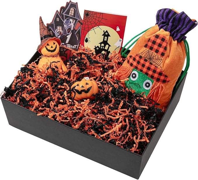 Mefleet 2 LB Halloween Crinkle Cut Paper Shred Filler Black & Orange Crinkle Shredded Paper for Gift Basket - Gift Box Bag Filler - Grass Cushion Stuffing for Halloween Packaging Wrapping