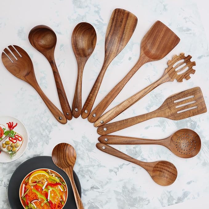 Zulay Kitchen 9-Piece Teak Wooden Utensils for Cooking - Natural Teak Utensil Set with Premium Gift Box - Non-Stick Wooden Spoons for Cooking - Kitchen Gift Set - Comfortable Grip Wooden Utensil Set