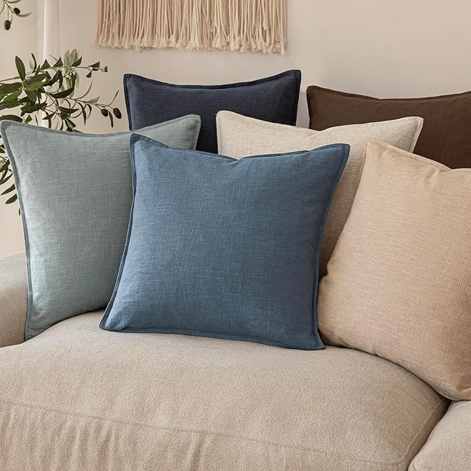 Foindtower Set of 2, Decorative Linen Soild Throw Pillow Covers Soft Accent Cushion Euro Case Boho Farmhouse Pillowcase for Chair Couch Sofa Bedroom Living Room Home Decor 16 x 16 Inch Misty Blue