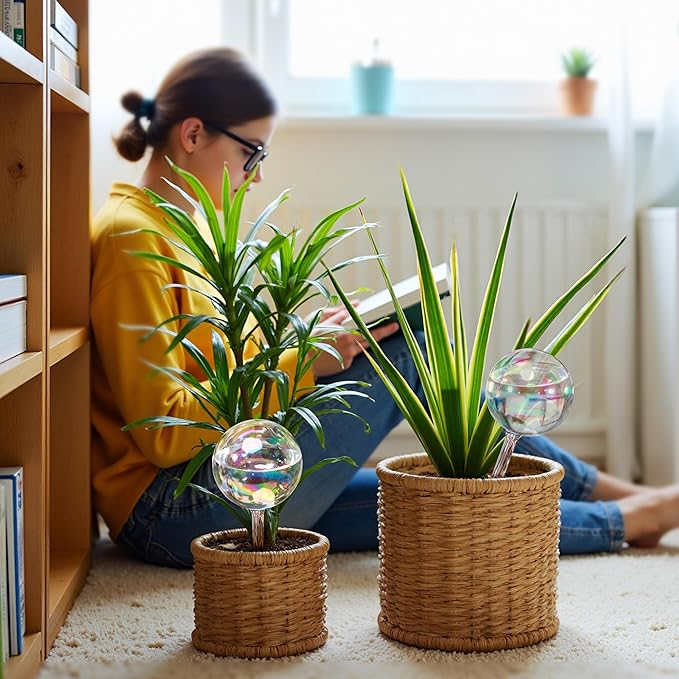 Large Extra-Thick Clear Glass Plant Watering Globes, Rainbow Gradient Self Watering Devices for Indoor & Outdoor Plants, Automatic Waterer Spikes, Perfect for Daily or Vacation Use, 4-Pack