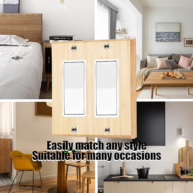 Raw Wood Light Switch Cover Decorative Double Rocker Wall Plate 4.5" x 4.5" Bamboo Quality Light Switch Plate Cover for Bedroom Kitchen Home Decor (Double Rocker Switch Plate)