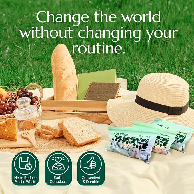 Cleanomic Compostable* Snack Size Food Storage Bags (50 Eco Zip) Freezer and Leak Proof, Also Available Gallon, Quart and Sandwich Size Bags