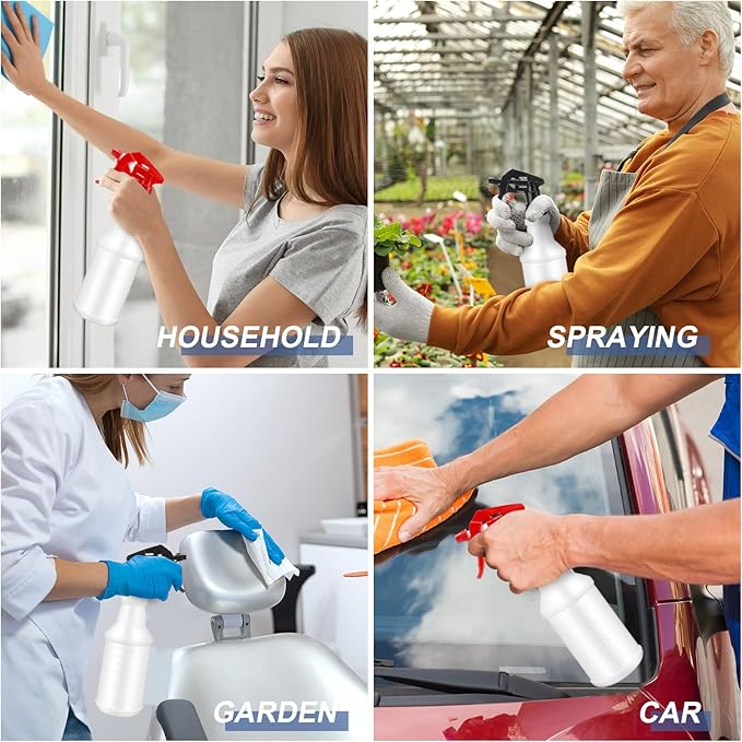 Eccliy 20 Pack 16oz Empty Spray Bottles, Leakproof Cleaning Bottles with Measurement and Adjustable Nozzle for Housekeeping, Commercial Use(Cylinder,Red Black Spray Head)