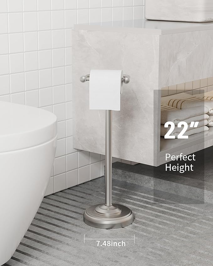Toilet Paper Holder Stand, Brushed Nickel Toilet Paper Holder Free Standing, Post Pivoting Design & Stable Weighted Base SUS304 Stainless Steel for Bathroom(Mega Roll)