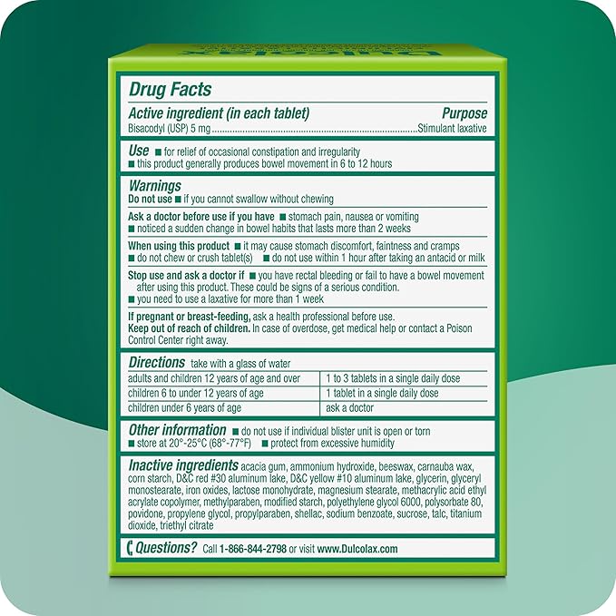 Dulcolax Stimulant Laxative Tablets, Predictable & Effective Constipation Relief, Relieves Straining & Bloating, Bisacodyl 5 mg, 100 Count