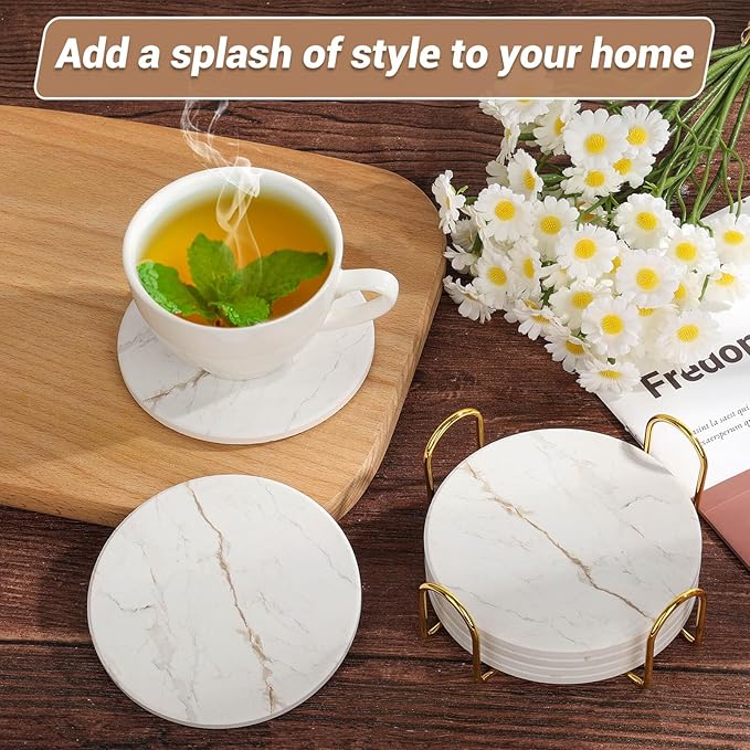 Acejoz Drink Coasters with Holder for Coffee Table, Absorbent Coasters Set of 6, Marble Style Ceramic Coaster for Wooden Table, Suitable for Kinds of Cups, Home Decor, 4 Inches(White)