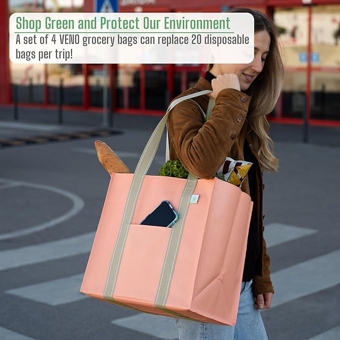 VENO 4 Pack Reusable Grocery Bags, Heavy-Duty Shopping Bags with Handles and Hard Bottom to Stand Upright, Foldable, Multi-Purpose, Sustainable (Peach Pink, 4 Pack)
