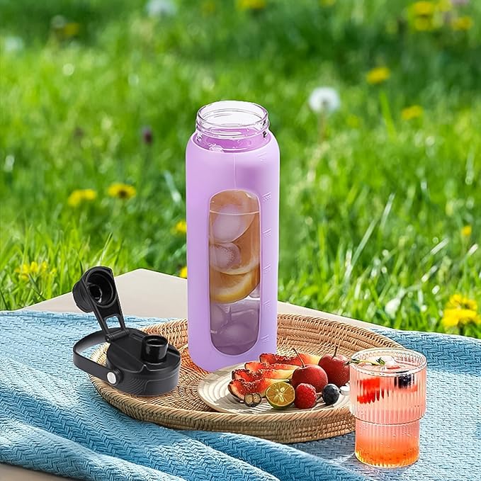 24oz Glass Water Bottle with Straw and 2 Lids-Bamboo and Spout Lid, Borosilicate Glass Water Bottle with Silicone Sleeve and Time Marker,BPA Free & Cupholder Friendly,Purple