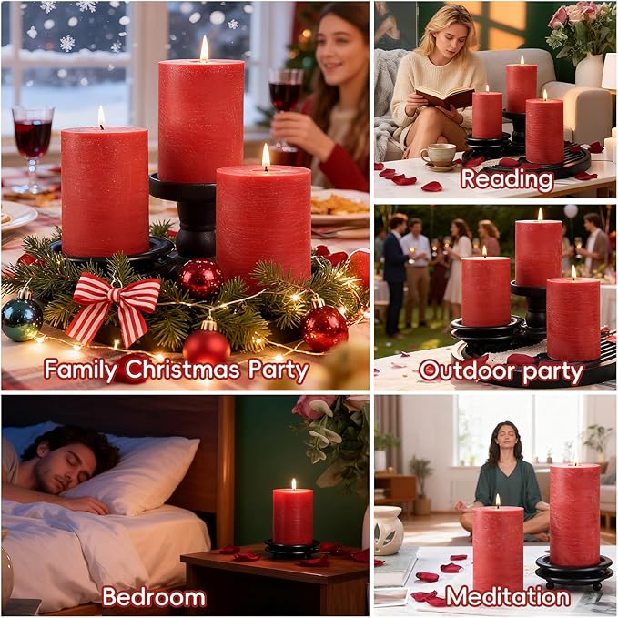 6 Pack Red Pillar Candles,Natural Soy Pillar Candles,55 H Long Lasting Burning 2.8x4in-Unscented,Dripless and Smokeless Rustic Red Hand-Poured Candles Dinner Table, for Christmas,Wedding,Home Decor