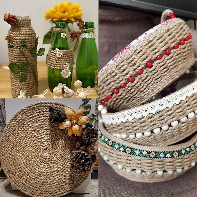 6mm Jute Twine, 164 Feet Braided Jute Rope, Heavy Duty and Thick Twine Rope for DIY Artwork, Bundling, Home Decor, Gardening Applications (6MM 164FT)