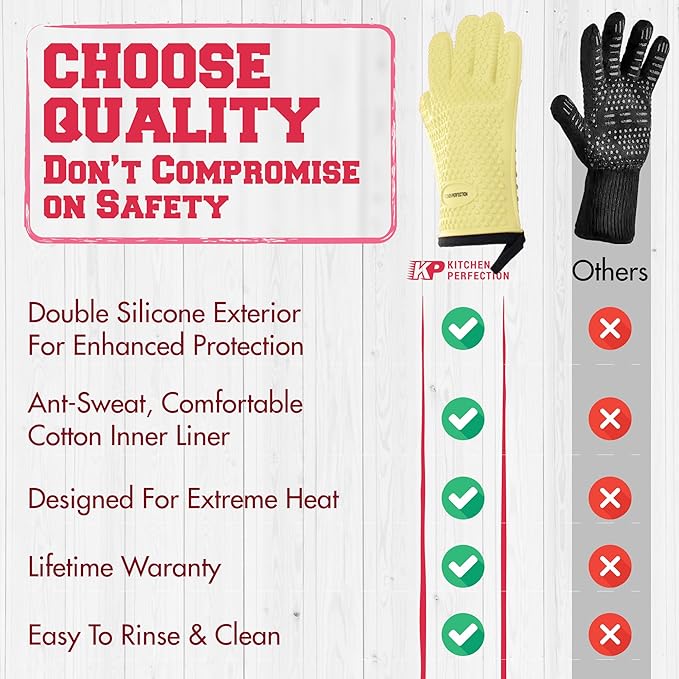 KITCHEN PERFECTION XL Silicone Smoker Oven Gloves for Women -Extreme Heat Resistant BBQ Gloves -Handle Hot Food Right on Your Grill Fryer&Pit|Waterproof Grilling Cooking Mitts|Superior Set+3 Bonuses