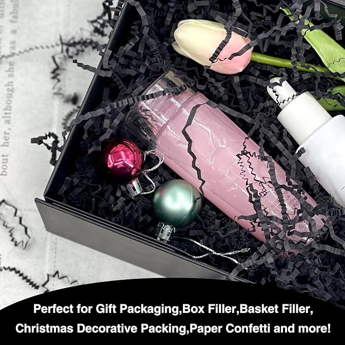 2LB Crinkle Cut Paper Shred Filler for Bag Gift Box Basket Confetti Paper Shreded Stuffing Decoration for Valentine's Day Holiday Party(Black)